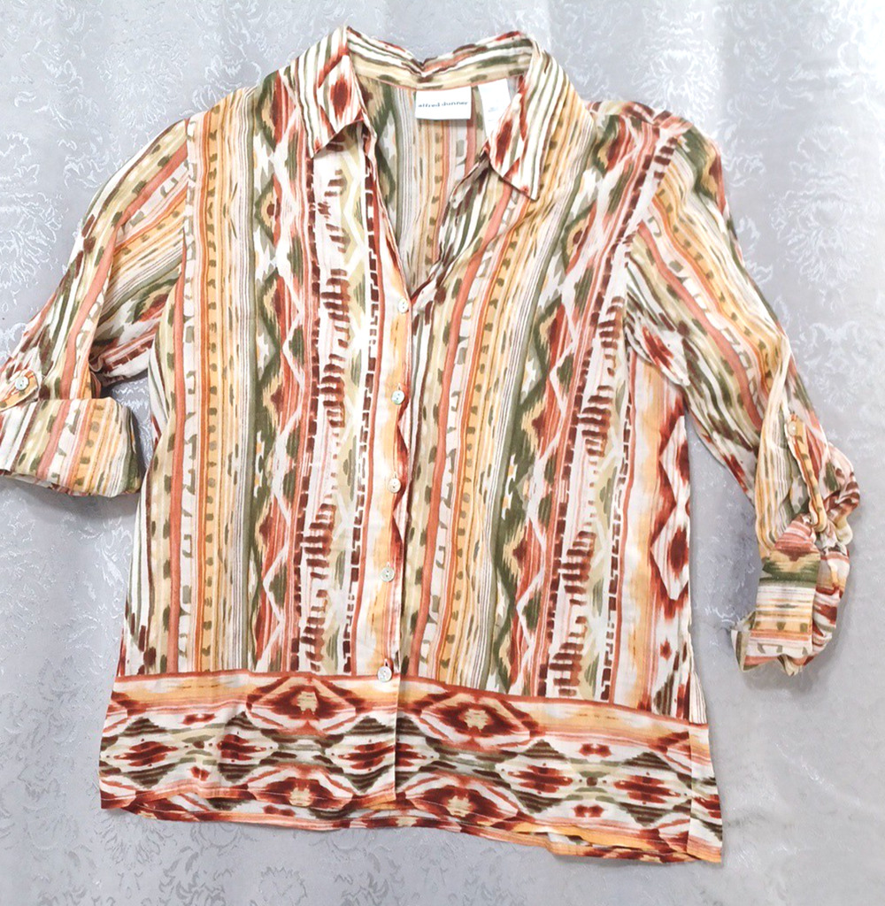 Alfred Dunner Womens Aztec Southwest Lightweight Blouse Sz 12 Roll Sleeve Cotton - Picture 1 of 12
